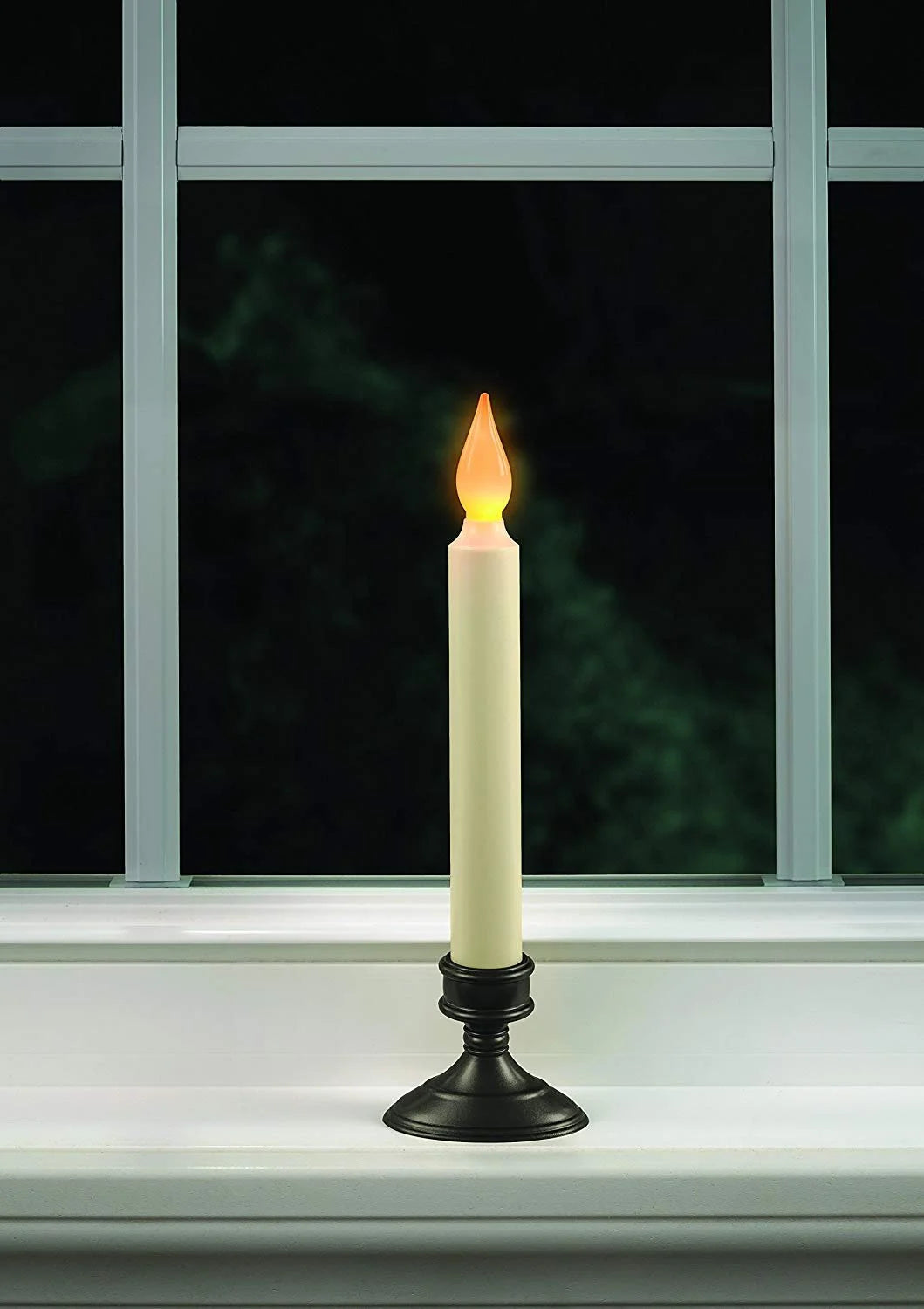 Battery-Operated LED Window Candles with Dusk to Dawn Sensor, Aged Bronze Base, Amber Flickering Flame - Set of 4