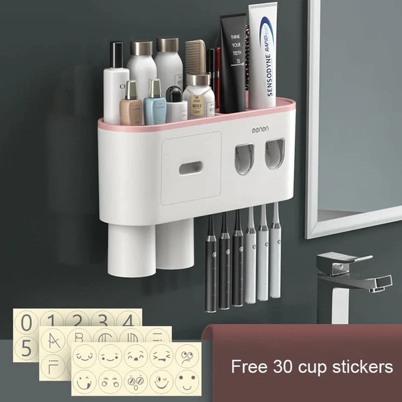 Magnetic Toothbrush Holder and Waterproof Storage Box with Wall-Mounted Toothpaste Dispenser for 2/3/4 Cups - Bathroom Accessories