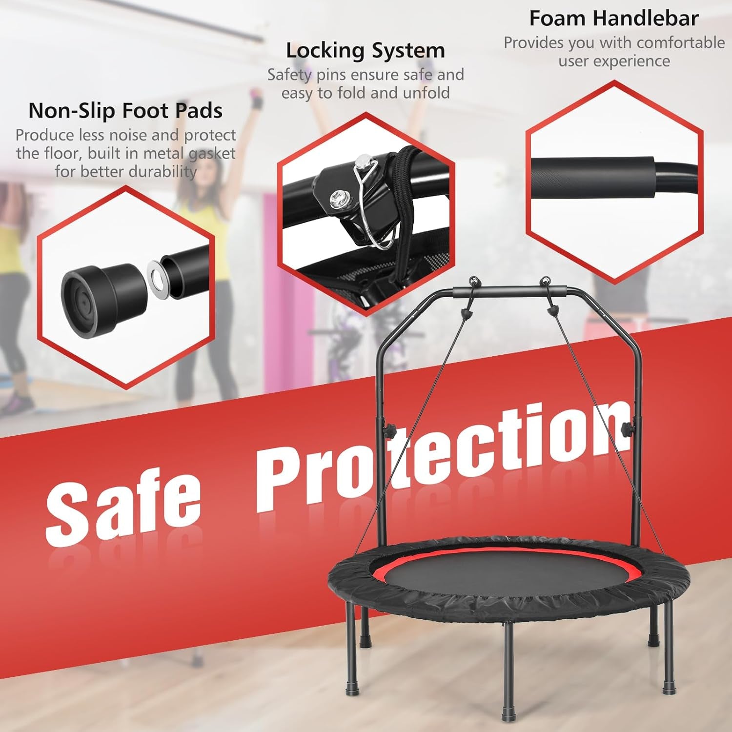 40" Foldable Mini Trampoline for Indoor Fitness with Adjustable Height Handle and Resistance Bands, Suitable for Adults and Children