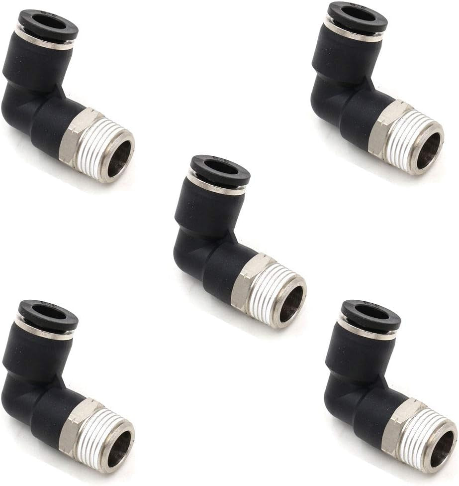 3/8" Elbow Male Push-to-Connect Air Fittings - 90 Degree Pneumatic Connectors for 1/4" Tubing OD and 3/8" NPT Thread, Pack of 5