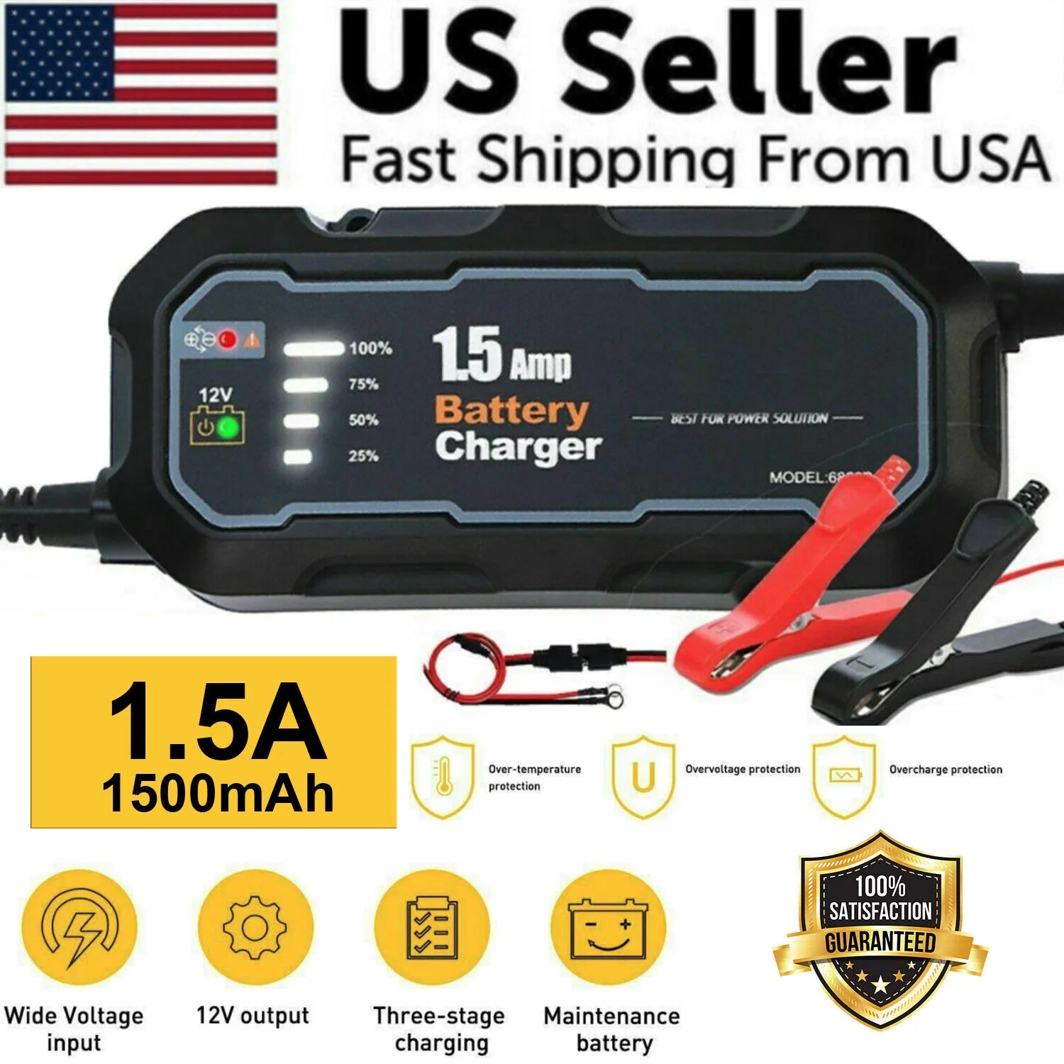 1500mAh Automatic Smart 12V Portable Car Battery Charger and Trickle Maintainer