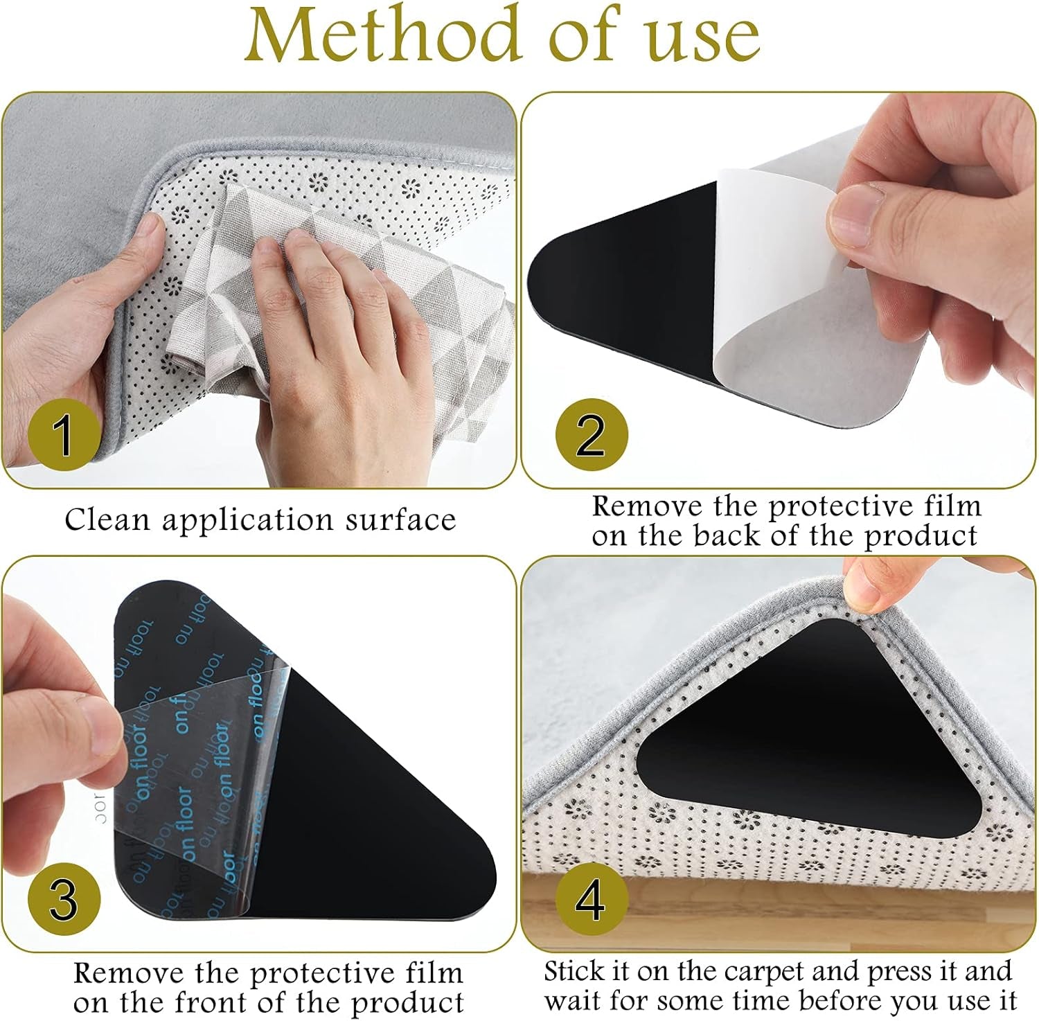 Non-Slip Rug Pad Grippers - Washable Anti-Curling Reusable Rug Stopper Tape and Corner Stickers for Hardwood, Tile, and Carpet Floors (12 Pieces)
