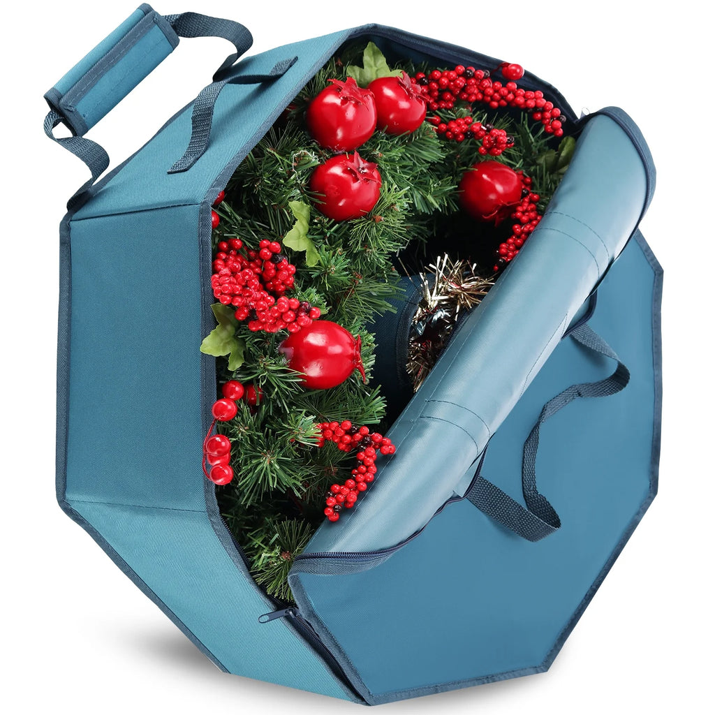 36-Inch Hard Shell Holiday Wreath Storage Container with Interior Pockets, Dual Zipper, and Handles in Blue