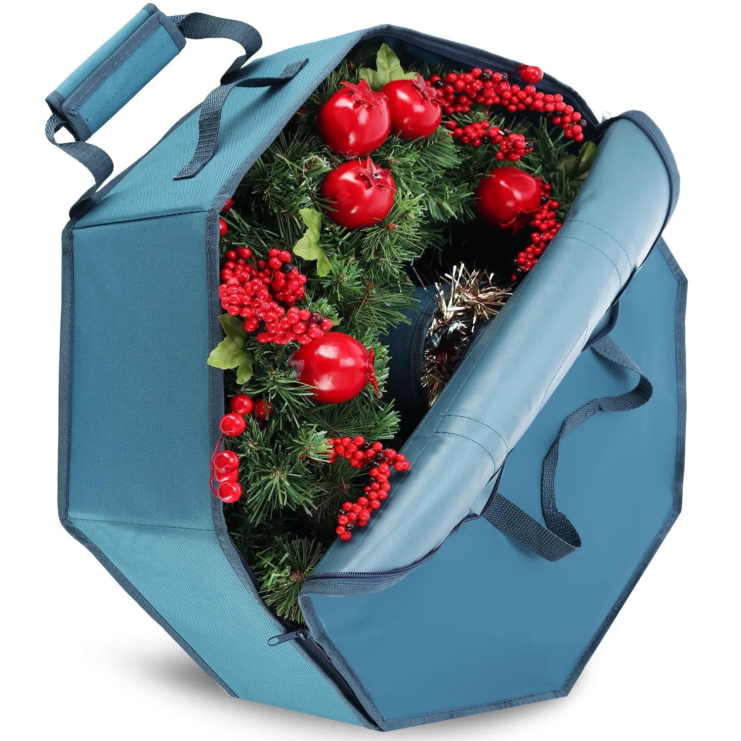 36-Inch Hard Shell Holiday Wreath Storage Container with Interior Pockets, Dual Zipper, and Handles in Blue