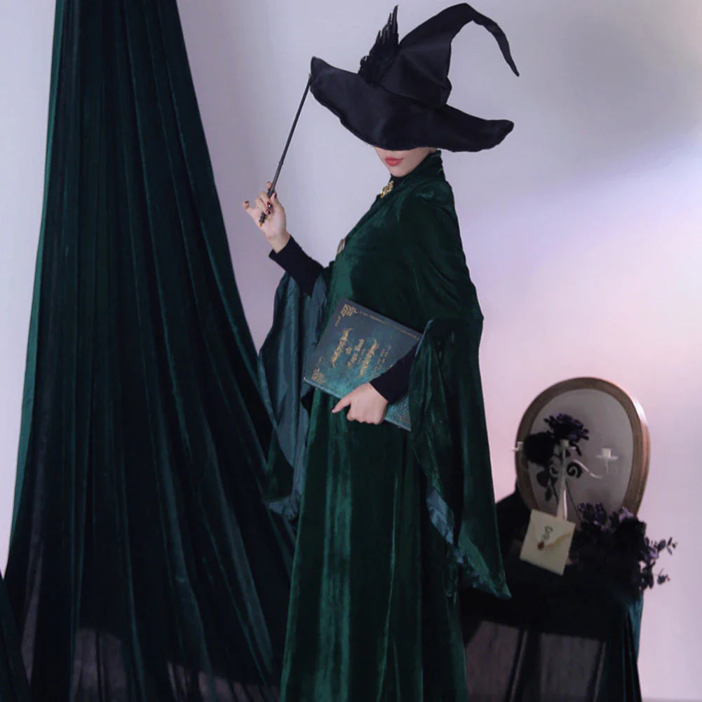 Professor Minerva McGonagall Cosplay Costume - Green Robe Cloak Dress for Halloween and Themed Events