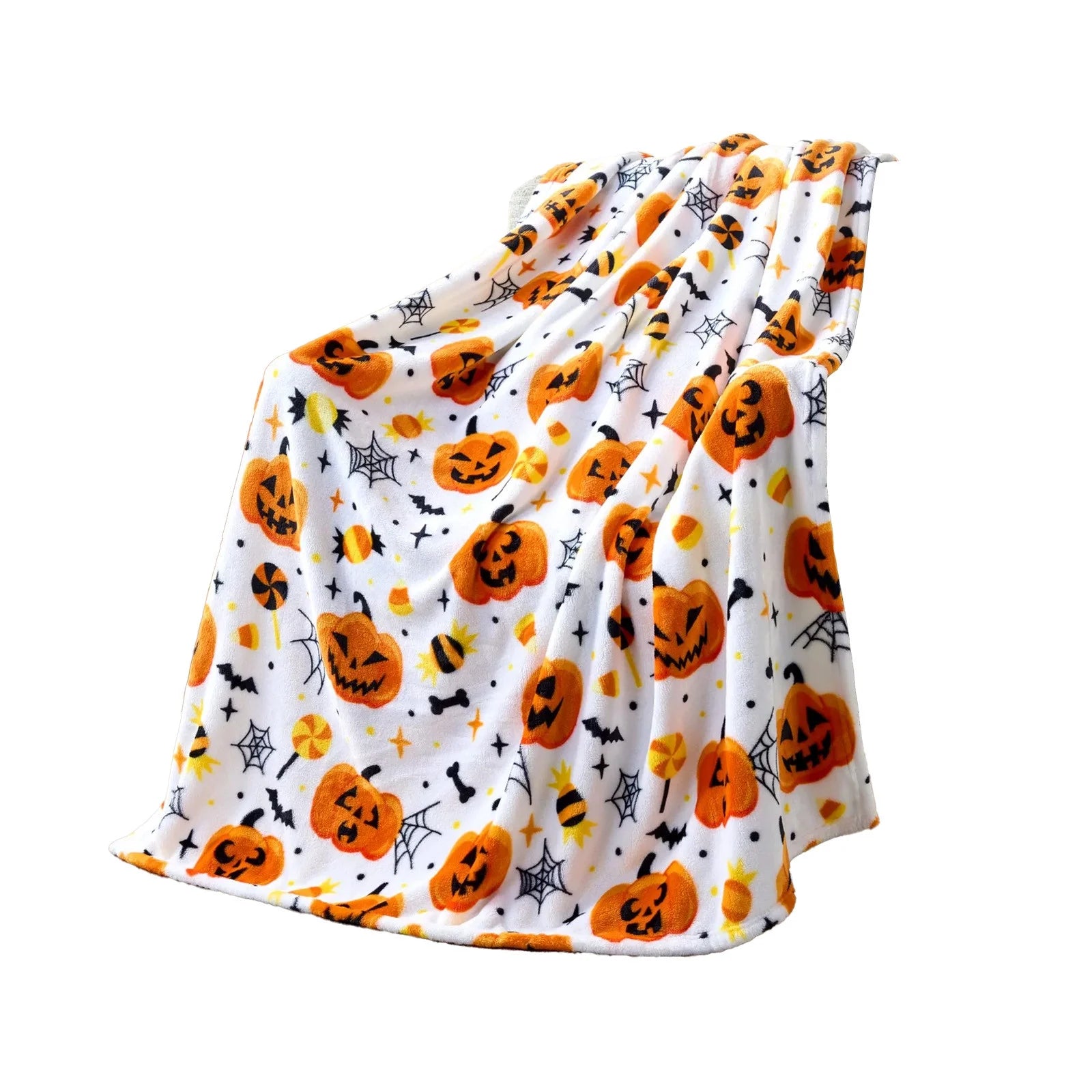 Halloween Themed Plush Throw Blanket - Soft and Warm Spider Webs, Bats, and Pumpkins Design for Sofa, Bed, Couch, or Dorm Use