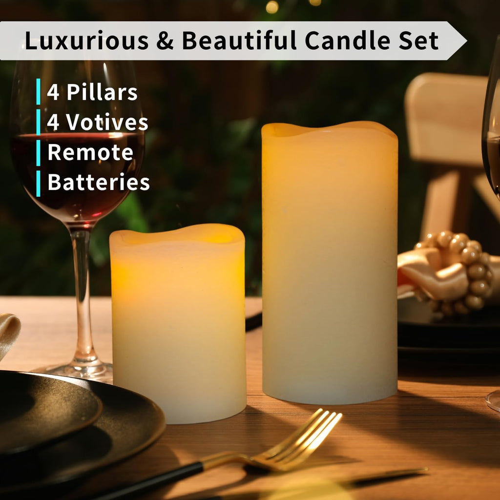 Ivory Real Wax Flameless Candle Set with Remote and Timer, Includes 4 Pillars and 4 Votives, Ideal for Home Décor, Batteries Included