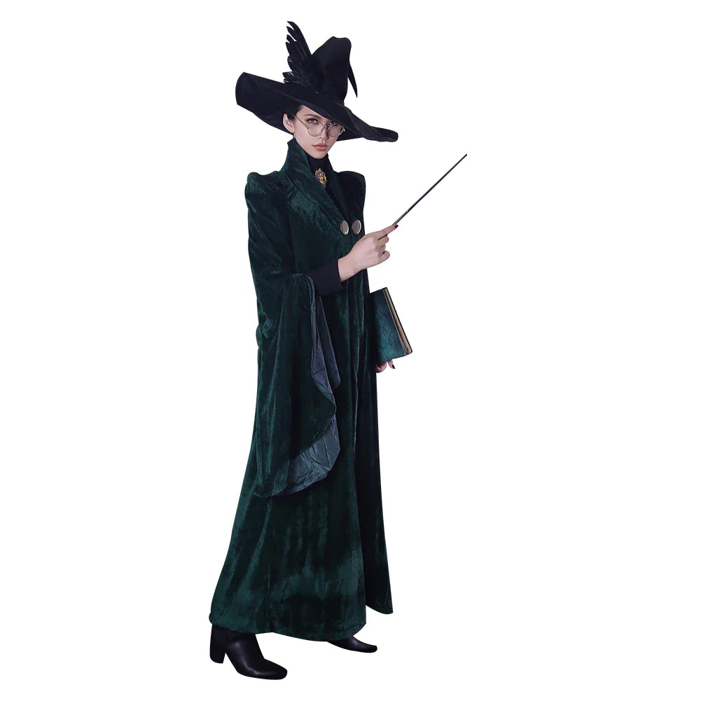 Professor Minerva McGonagall Cosplay Costume - Green Robe Cloak Dress for Halloween and Themed Events