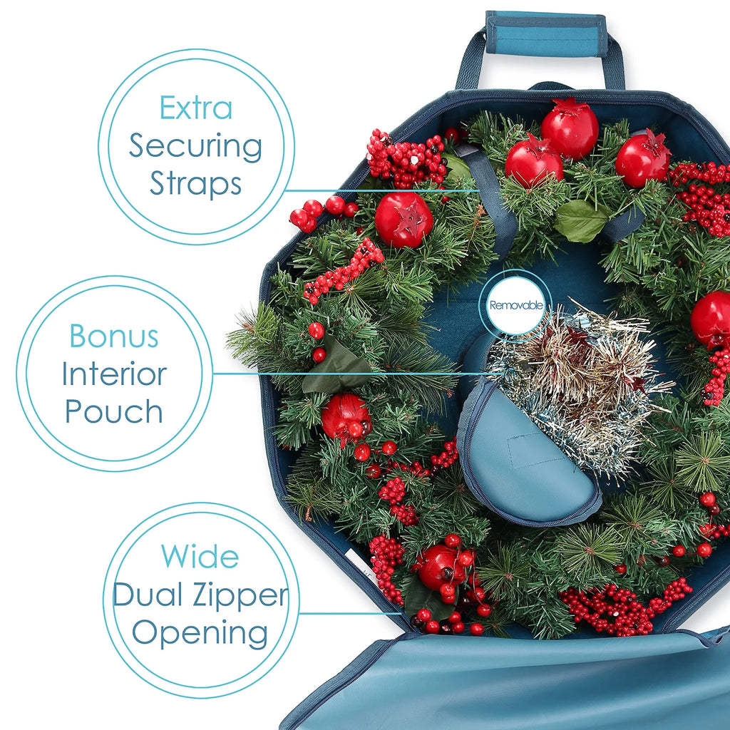 36-Inch Hard Shell Holiday Wreath Storage Container with Interior Pockets, Dual Zipper, and Handles in Blue