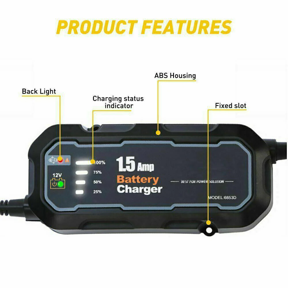 1500mAh Automatic Smart 12V Portable Car Battery Charger and Trickle Maintainer