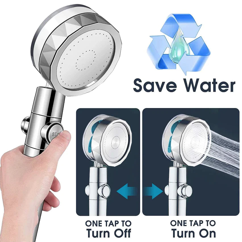 Adjustable High-Pressure Shower Head with 360° Rotation and Water-Saving Turbine Technology