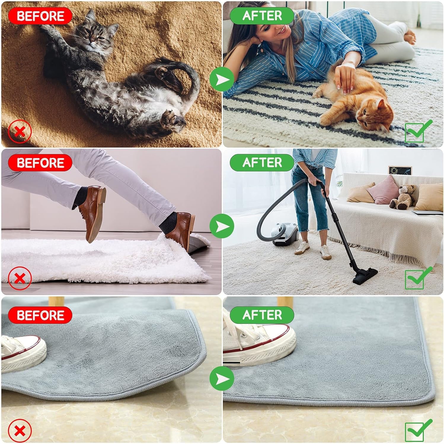 Non-Slip Rug Pad Grippers - Washable Anti-Curling Reusable Rug Stopper Tape and Corner Stickers for Hardwood, Tile, and Carpet Floors (12 Pieces)