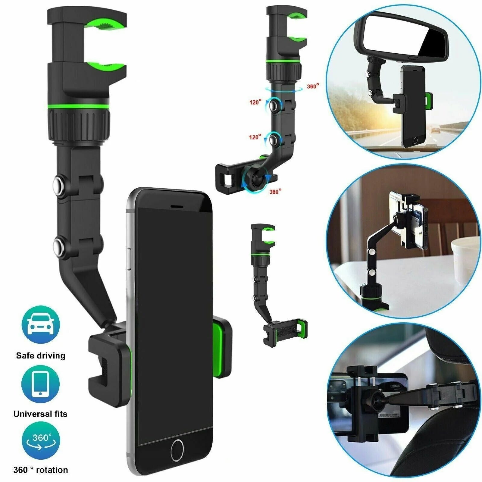 360° Adjustable Car Rearview Mirror Phone Holder Mount - Multifunctional Design