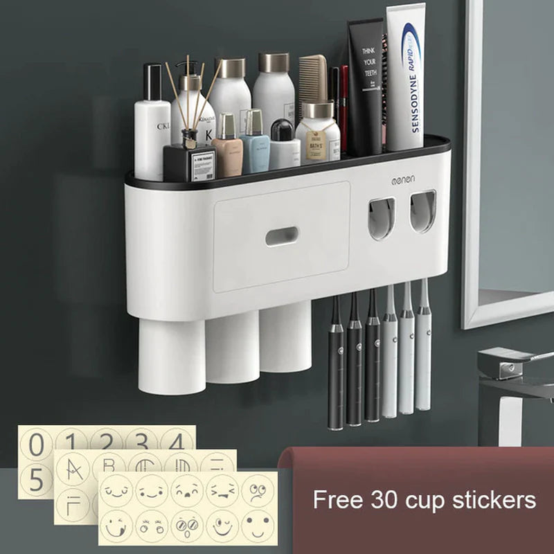 Magnetic Toothbrush Holder and Waterproof Storage Box with Wall-Mounted Toothpaste Dispenser for 2/3/4 Cups - Bathroom Accessories