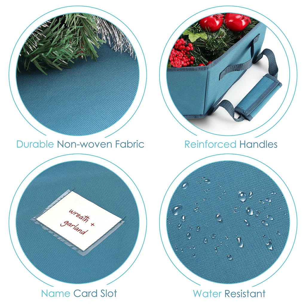 36-Inch Hard Shell Holiday Wreath Storage Container with Interior Pockets, Dual Zipper, and Handles in Blue