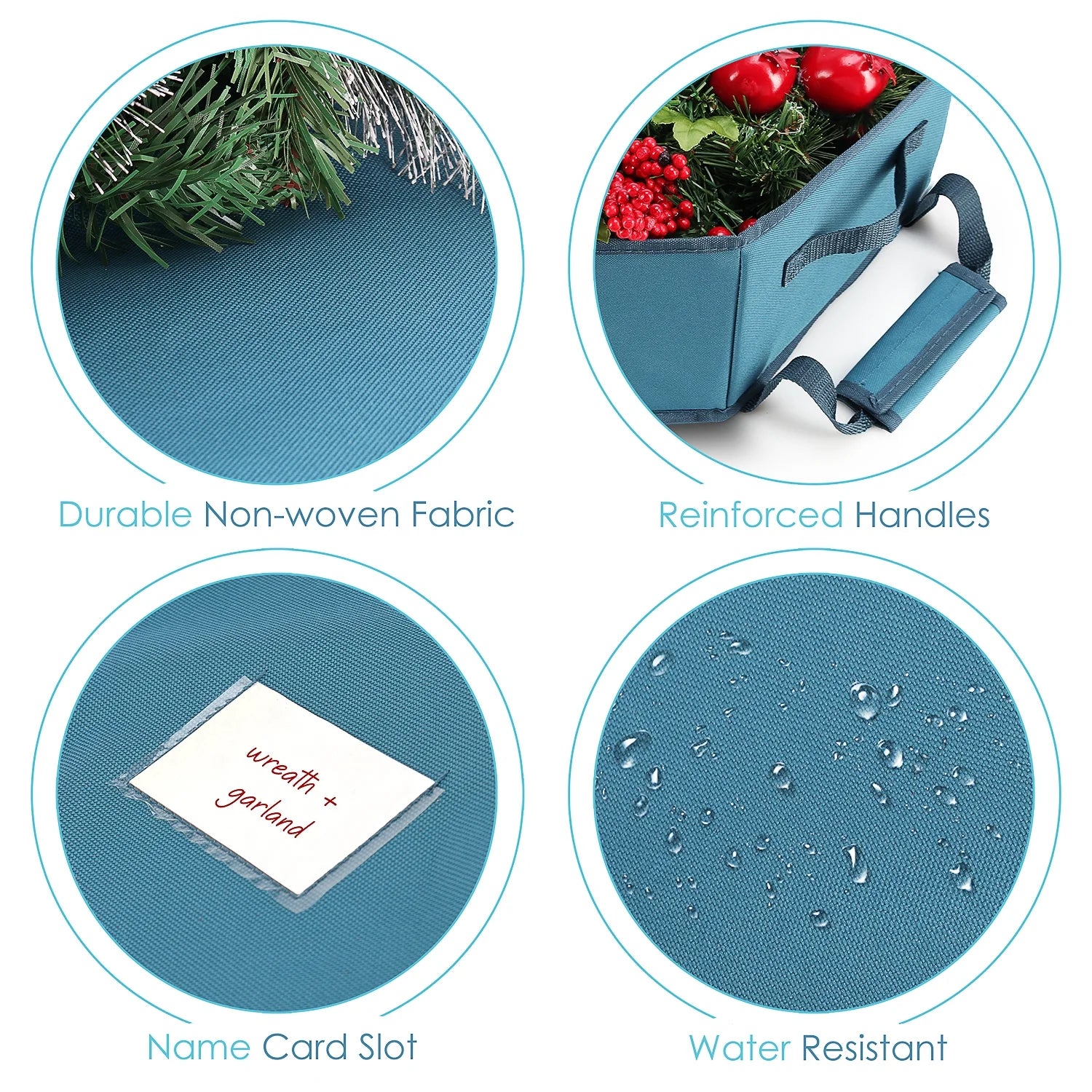 36-Inch Hard Shell Holiday Wreath Storage Container with Interior Pockets, Dual Zipper, and Handles in Blue