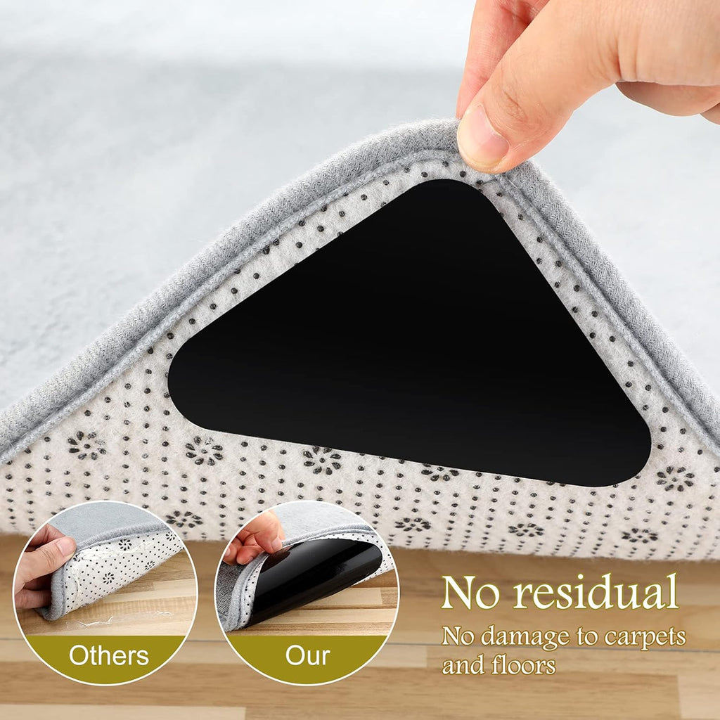 Non-Slip Rug Pad Grippers - Washable Anti-Curling Reusable Rug Stopper Tape and Corner Stickers for Hardwood, Tile, and Carpet Floors (12 Pieces)
