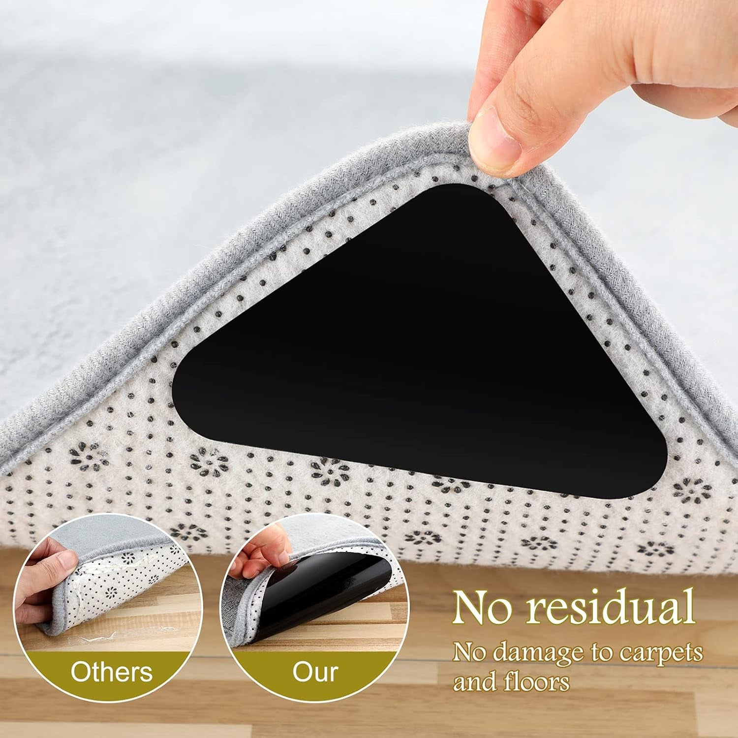 Non-Slip Rug Pad Grippers - Washable Anti-Curling Reusable Rug Stopper Tape and Corner Stickers for Hardwood, Tile, and Carpet Floors (12 Pieces)