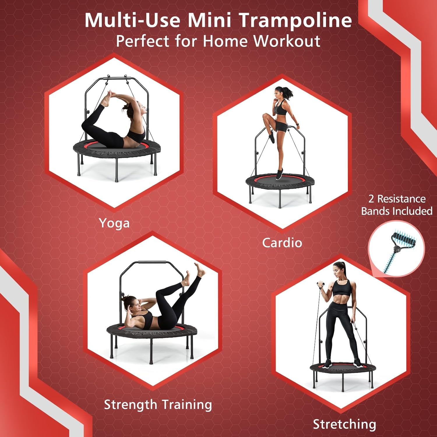 40" Foldable Mini Trampoline for Indoor Fitness with Adjustable Height Handle and Resistance Bands, Suitable for Adults and Children