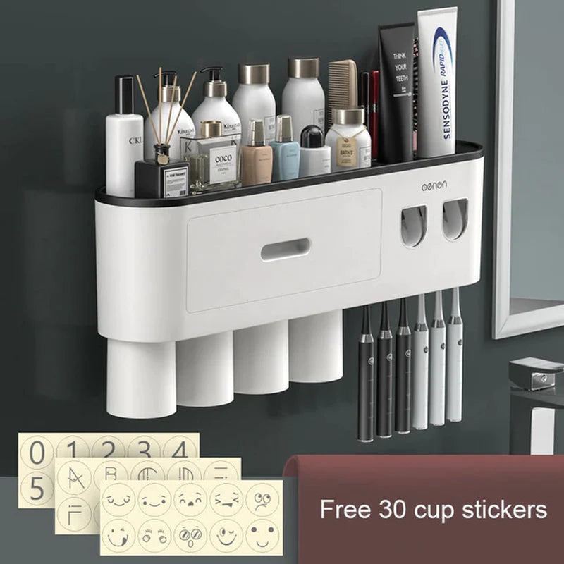 Magnetic Toothbrush Holder and Waterproof Storage Box with Wall-Mounted Toothpaste Dispenser for 2/3/4 Cups - Bathroom Accessories
