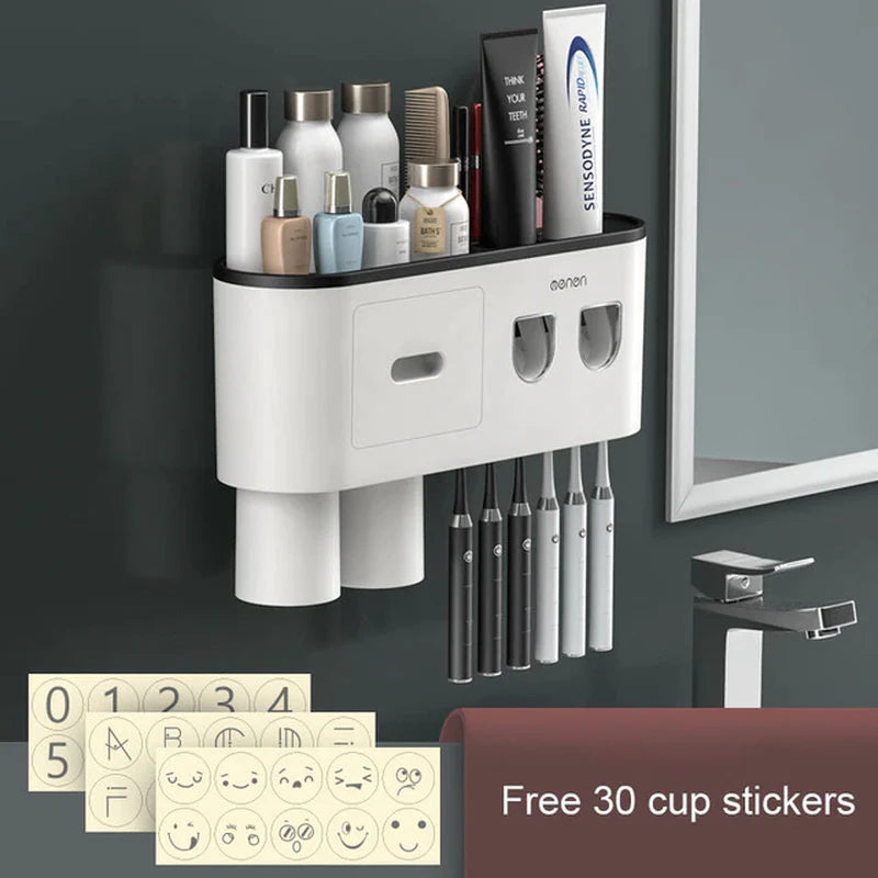 Magnetic Toothbrush Holder and Waterproof Storage Box with Wall-Mounted Toothpaste Dispenser for 2/3/4 Cups - Bathroom Accessories