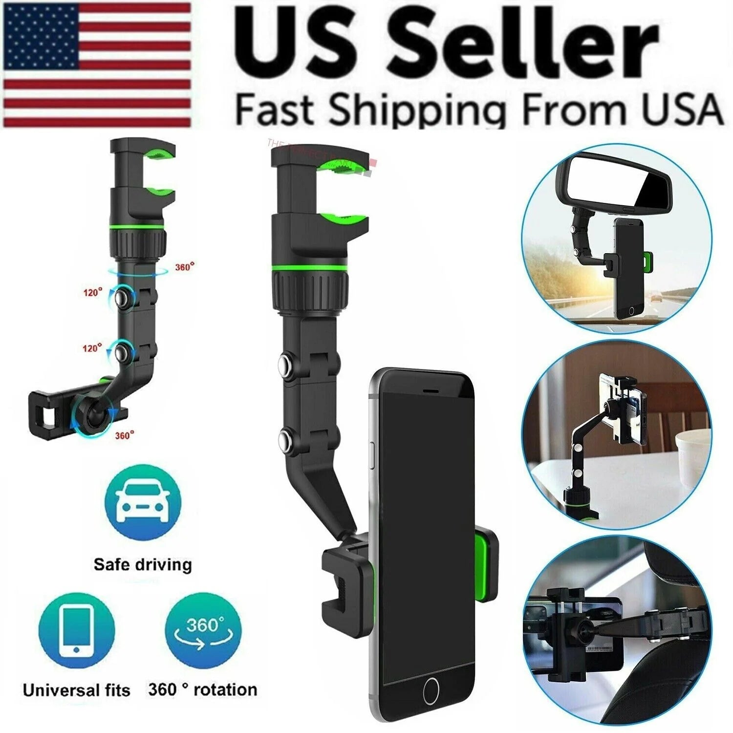 360° Adjustable Car Rearview Mirror Phone Holder Mount - Multifunctional Design