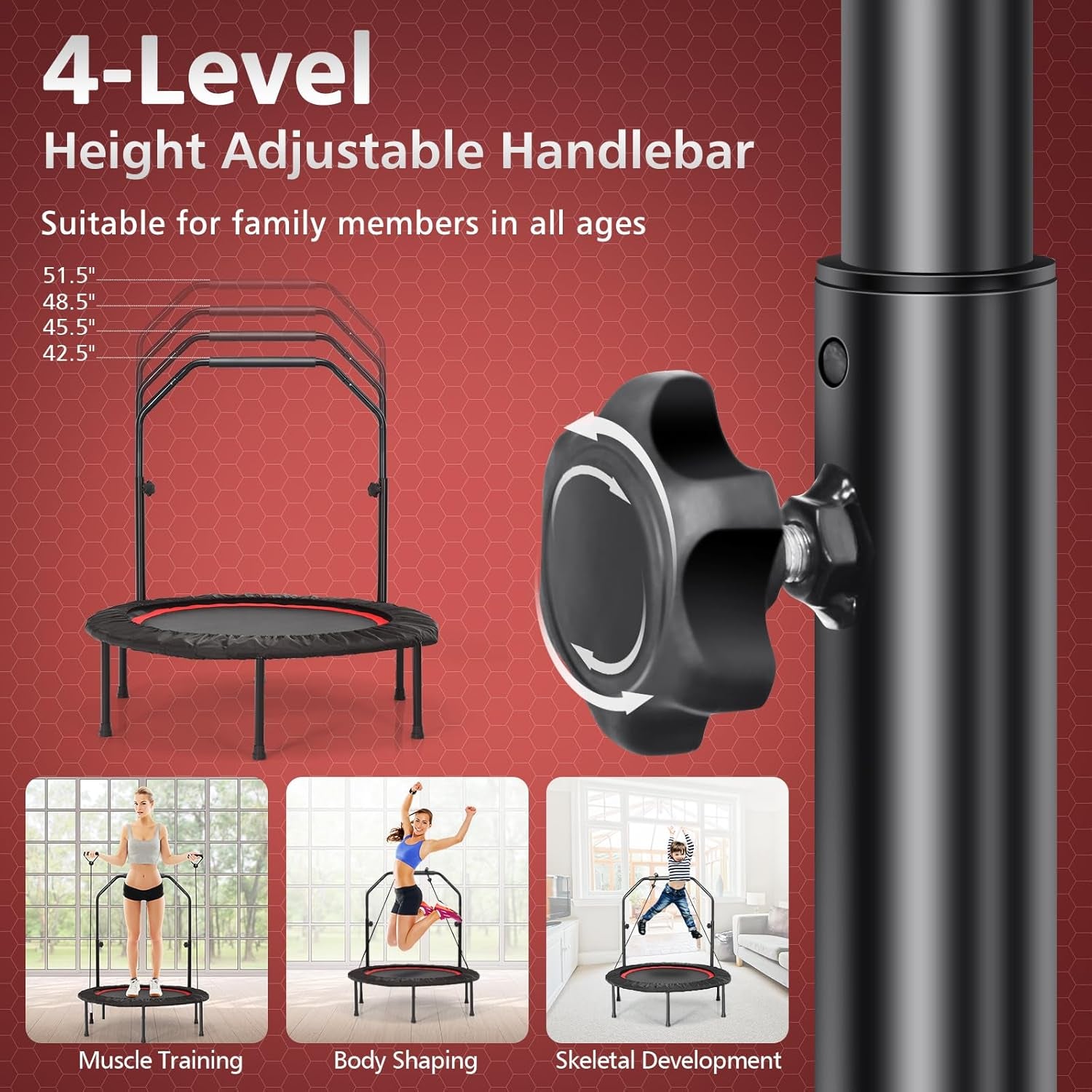 40" Foldable Mini Trampoline for Indoor Fitness with Adjustable Height Handle and Resistance Bands, Suitable for Adults and Children
