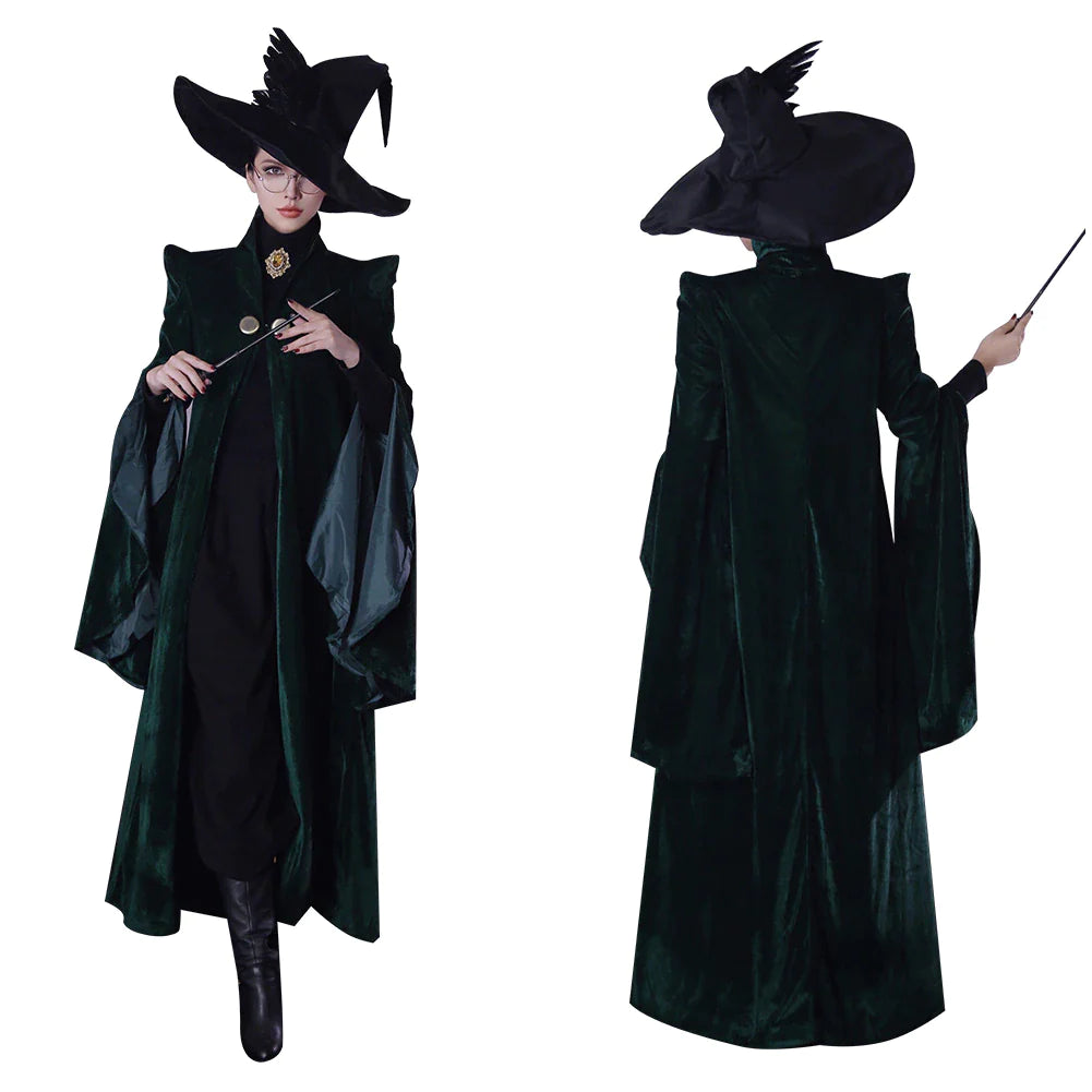 Professor Minerva McGonagall Cosplay Costume - Green Robe Cloak Dress for Halloween and Themed Events