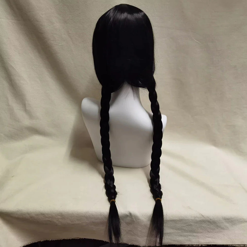 Wednesday Addams Long Black Braided Wig with Bangs - Heat Resistant Synthetic Hair for Halloween Cosplay