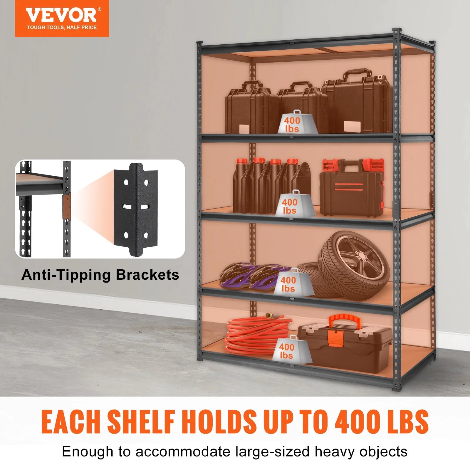 VEVOR Heavy-Duty 5-Tier Adjustable Metal Storage Shelving Unit, 2000 lbs Capacity, Utility Rack for Garage, Kitchen, Pantry, Basement, Bathroom, and Laundry, Black, 48" L x 24" W x 72" H