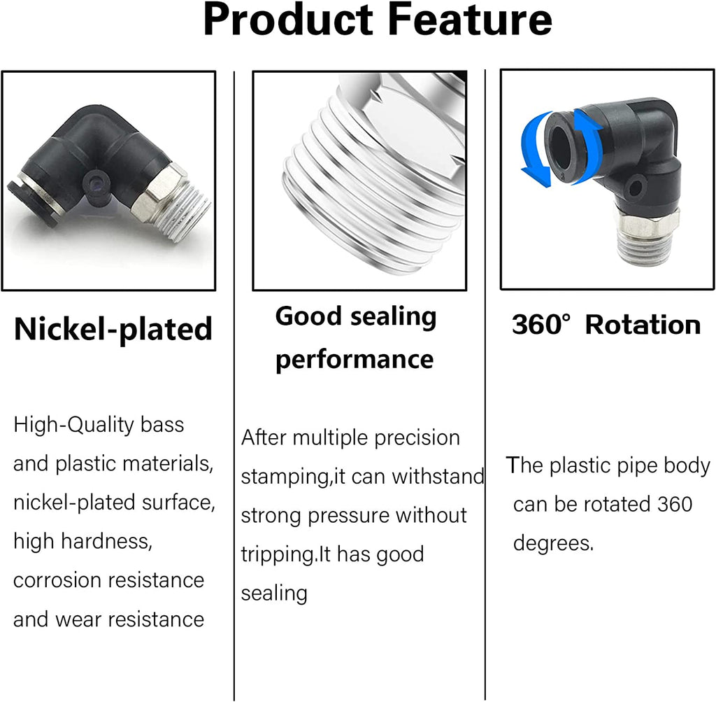 3/8" Elbow Male Push-to-Connect Air Fittings - 90 Degree Pneumatic Connectors for 1/4" Tubing OD and 3/8" NPT Thread, Pack of 5