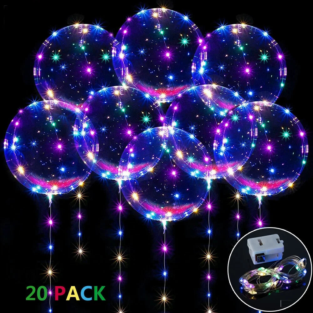 20-Inch LED Illuminated Bobo Balloons with Colorful String Lights - Available in 10, 20, or 30 Pack for Birthday, Wedding, and Christmas Party Decorations