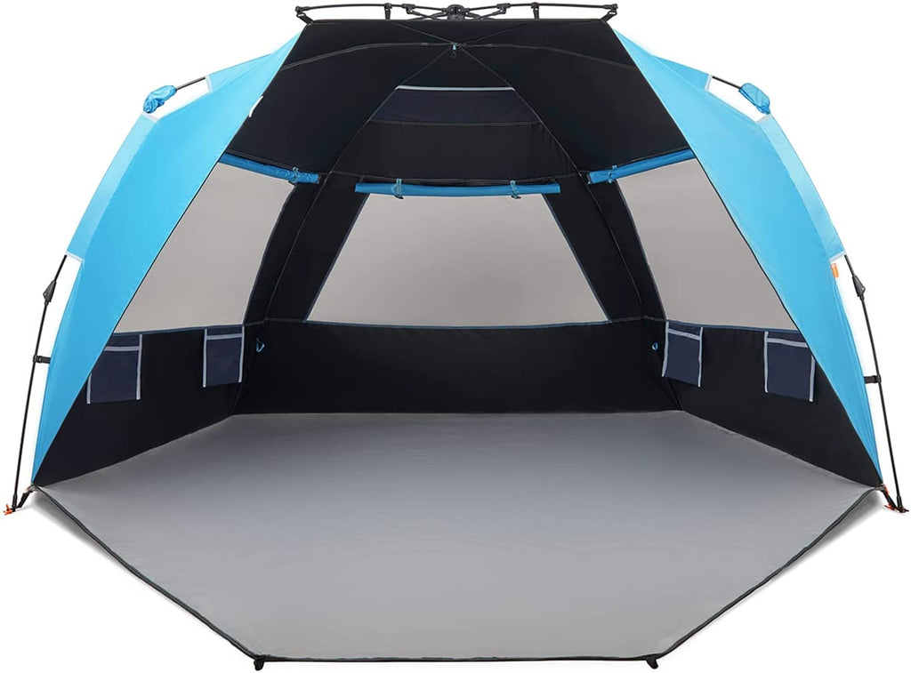 Instant Shader Dark Shelter XL Beach Tent - 99" Wide Sun Shelter for 4-6 Persons with UPF 50+ and Extended Zippered Porch in Pacific Blue