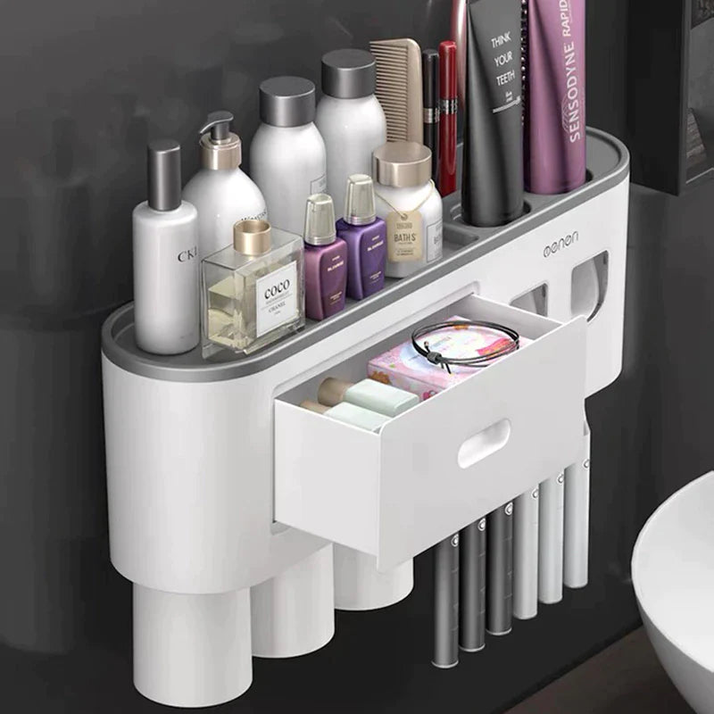 Magnetic Toothbrush Holder and Waterproof Storage Box with Wall-Mounted Toothpaste Dispenser for 2/3/4 Cups - Bathroom Accessories