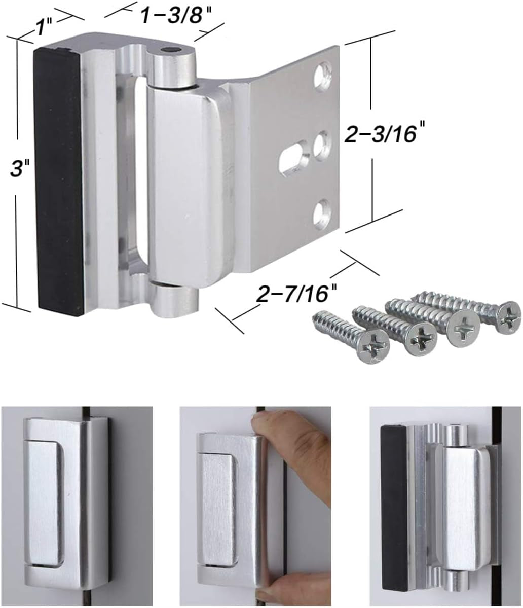 2-Pack Door Reinforcement Locks with 8 Screws, Childproof Home Security Lock, Night Lock Capable of Withstanding 800 lbs, Silver Finish
