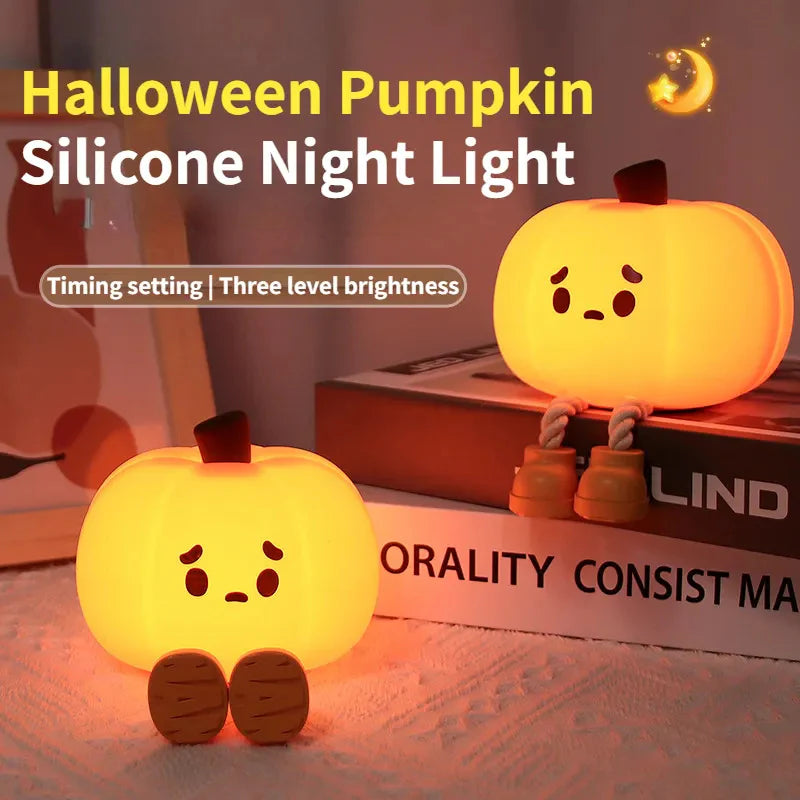 Halloween Pumpkin Night Light - Soft Silicone Touch Dimmable Rechargeable Lamp for Kids' Bedroom Decor and Holiday Decorations