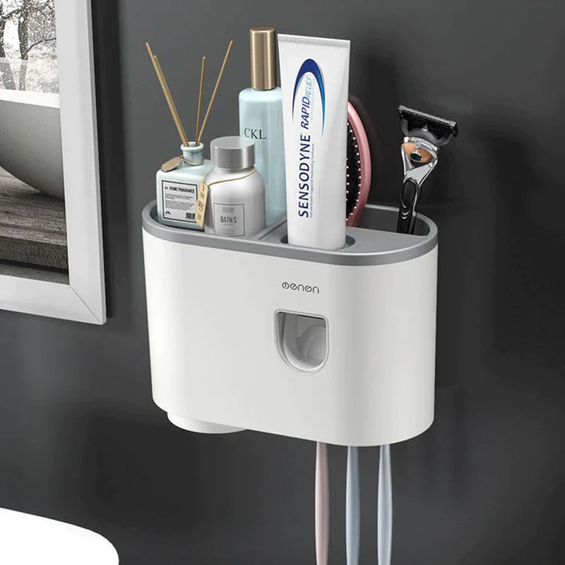 Magnetic Toothbrush Holder and Waterproof Storage Box with Wall-Mounted Toothpaste Dispenser for 2/3/4 Cups - Bathroom Accessories