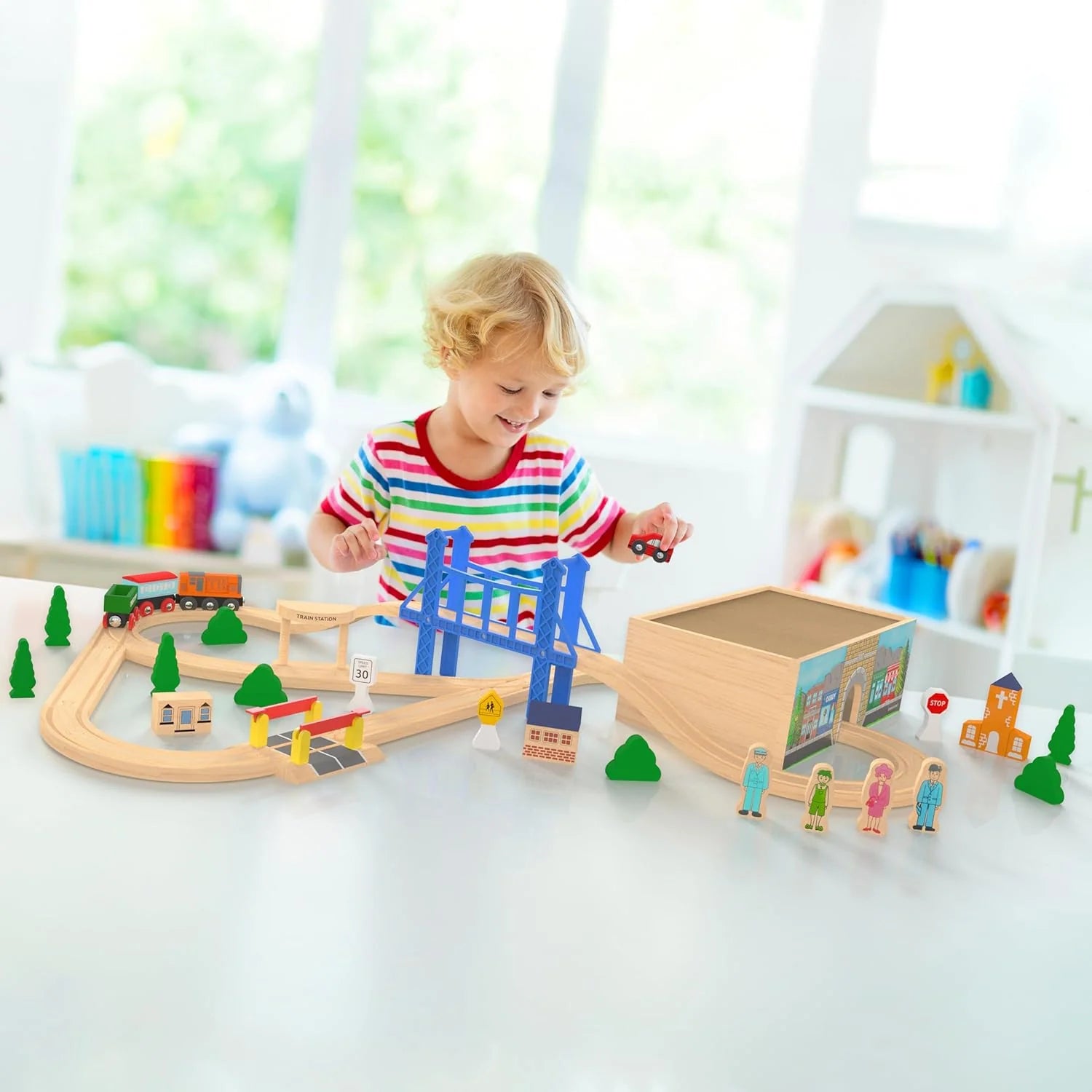 Deluxe 52-Piece Wooden Train Set with Storage Box and Tunnel, Compatible with Thomas, Brio, and Melissa & Doug