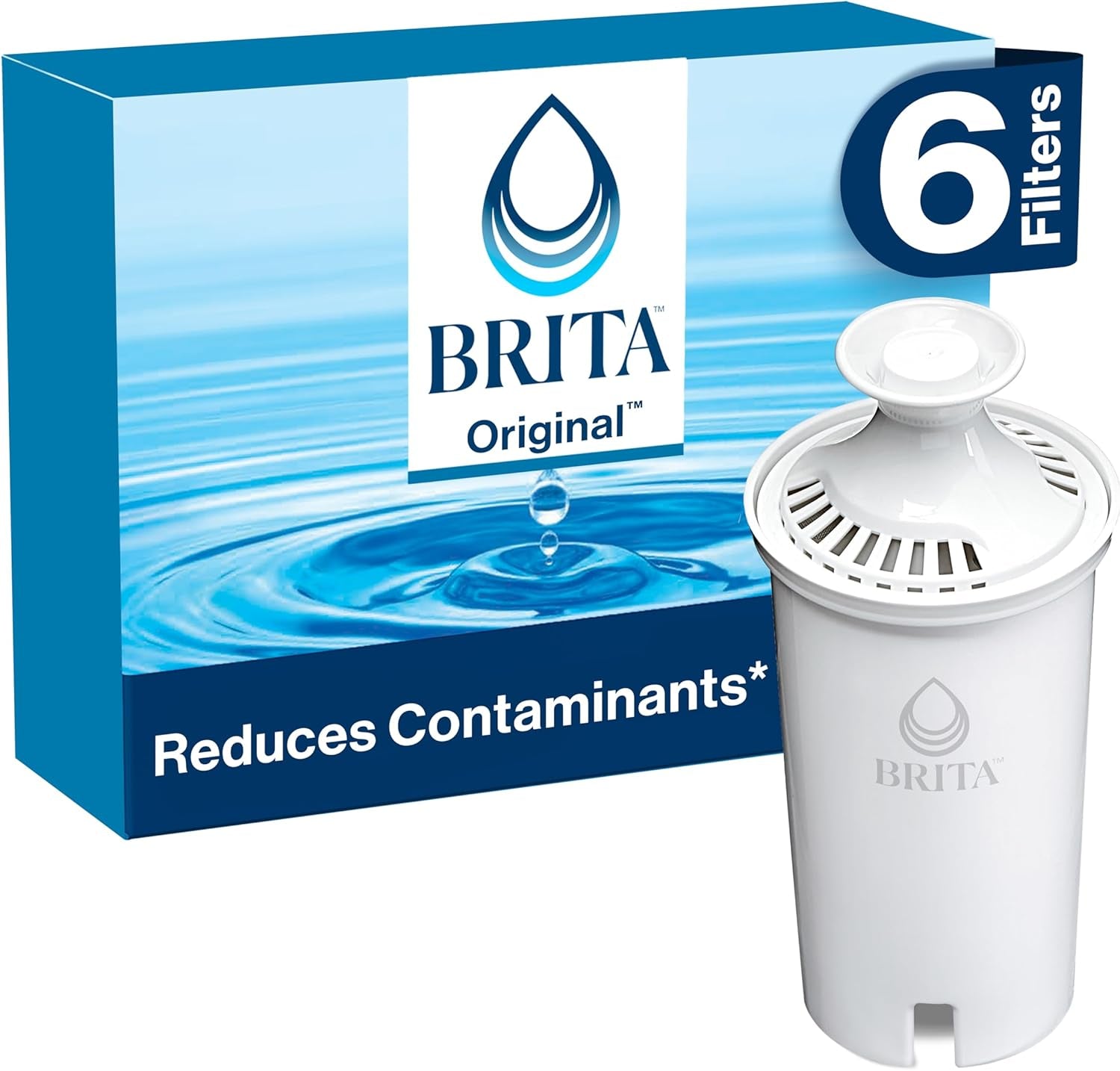 Standard Water Filter for Pitchers and Dispensers - Reduces Copper, Cadmium, and Mercury Impurities, Lasts Up to Two Months or 40 Gallons, Includes 6 Filters