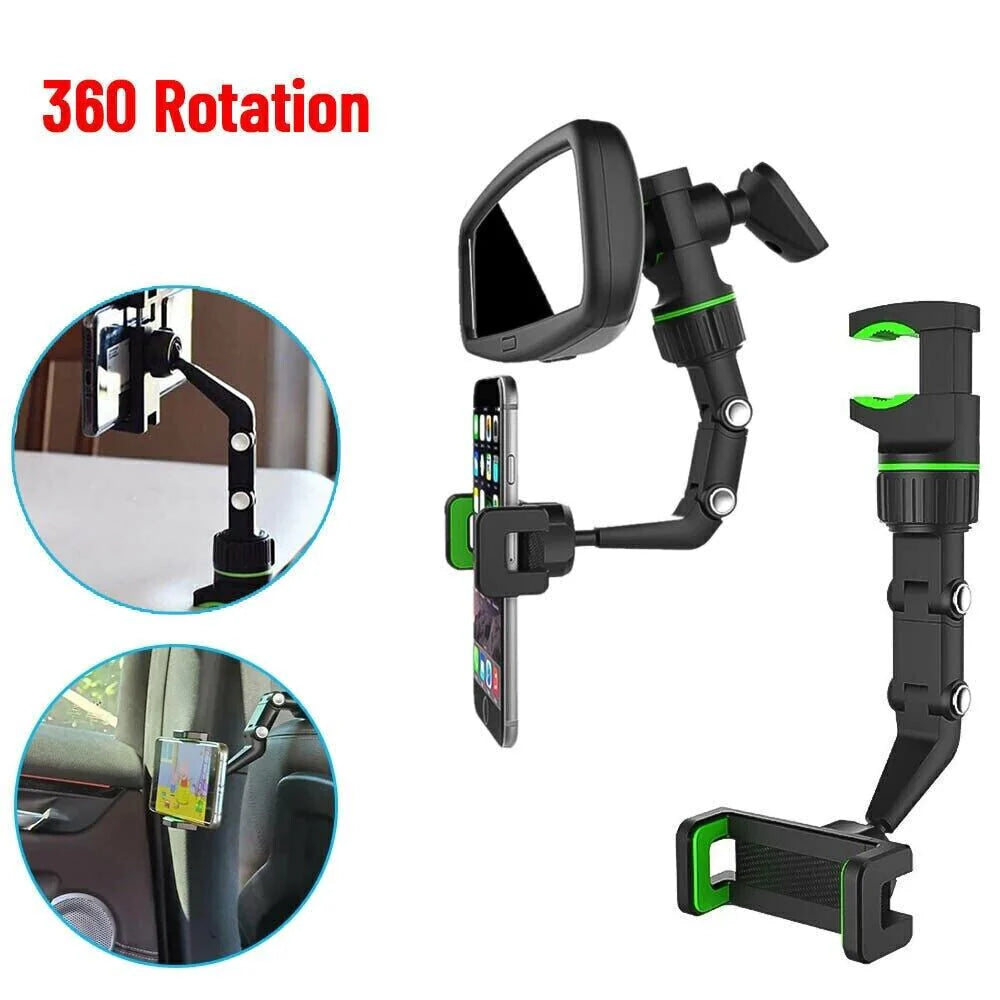 360° Adjustable Car Rearview Mirror Phone Holder Mount - Multifunctional Design