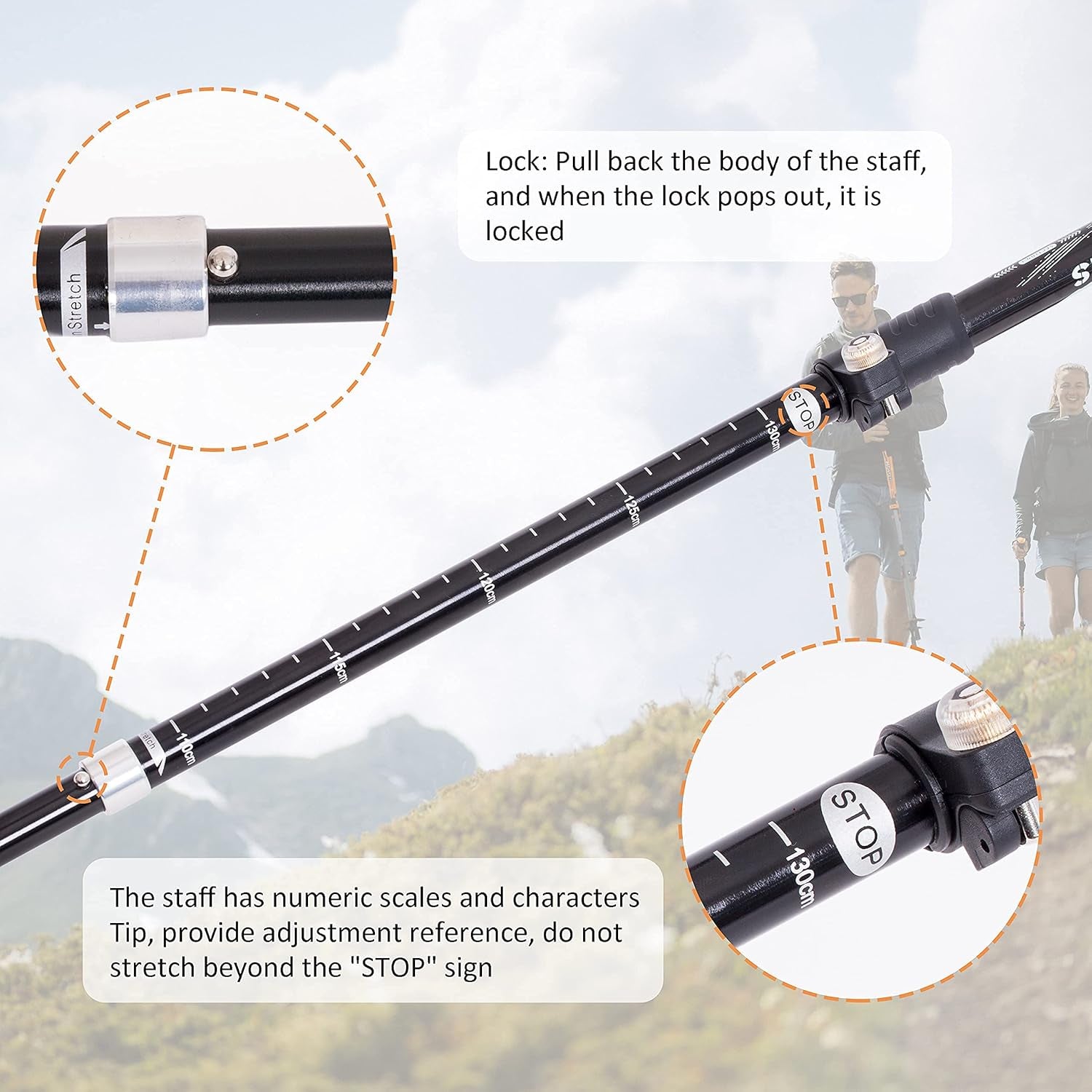 Collapsible Trekking Poles for Hiking - 2-Piece Lightweight Adjustable Antishock Walking Sticks with 8 Replacement Rubber Tips, Black