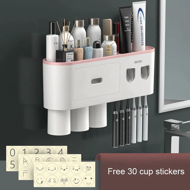 Magnetic Toothbrush Holder and Waterproof Storage Box with Wall-Mounted Toothpaste Dispenser for 2/3/4 Cups - Bathroom Accessories
