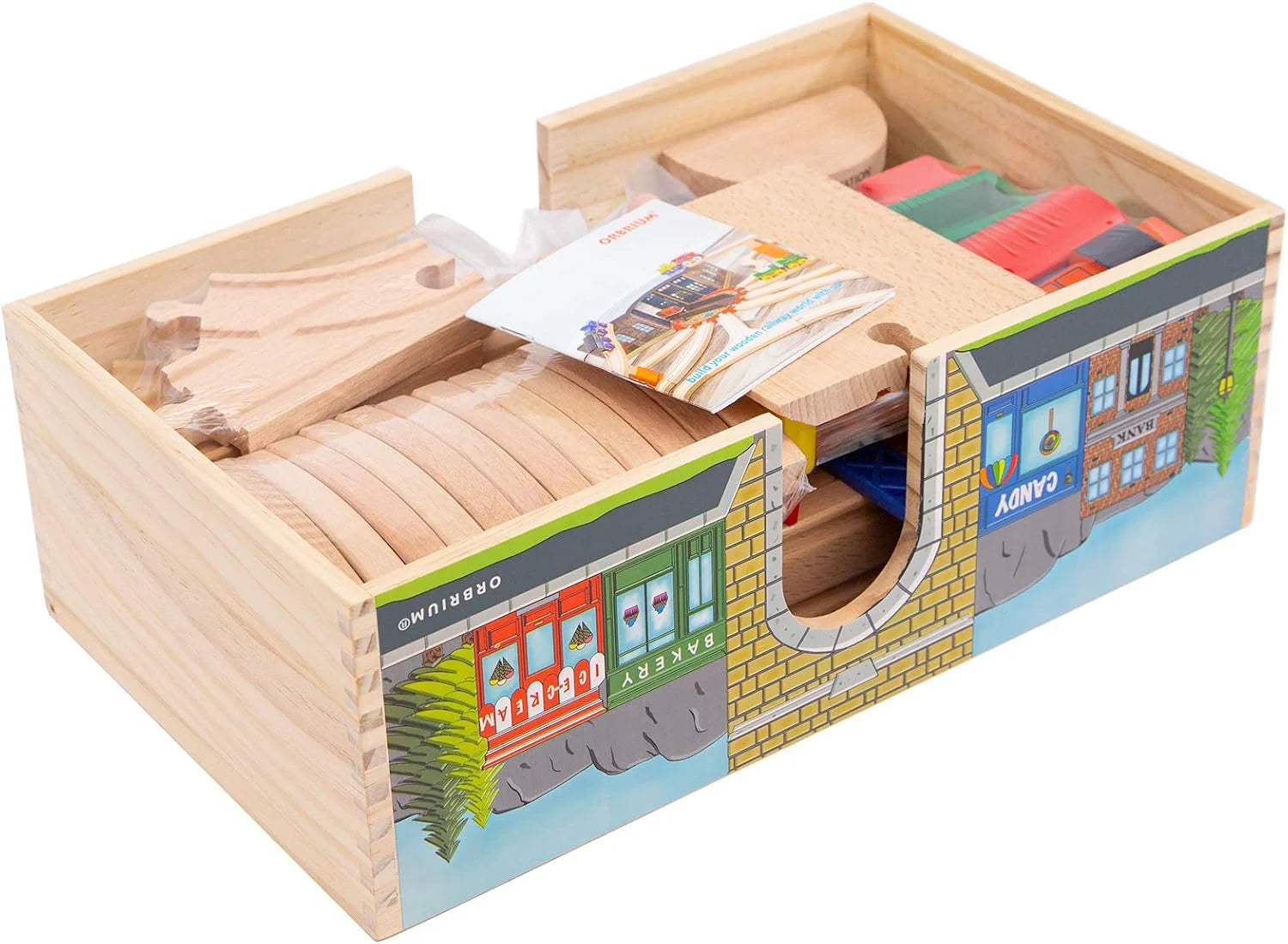 Deluxe 52-Piece Wooden Train Set with Storage Box and Tunnel, Compatible with Thomas, Brio, and Melissa & Doug