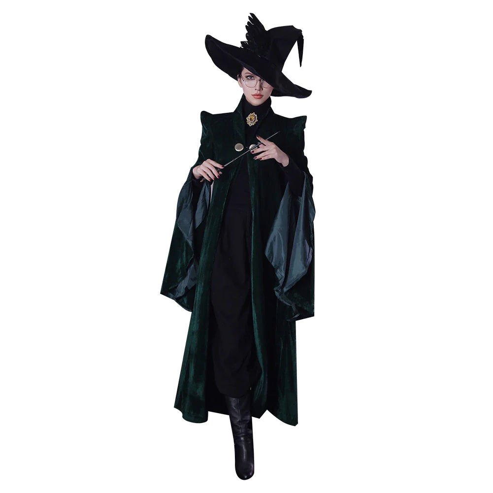 Professor Minerva McGonagall Cosplay Costume - Green Robe Cloak Dress for Halloween and Themed Events