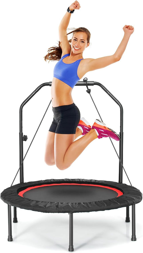 40" Foldable Mini Trampoline for Indoor Fitness with Adjustable Height Handle and Resistance Bands, Suitable for Adults and Children