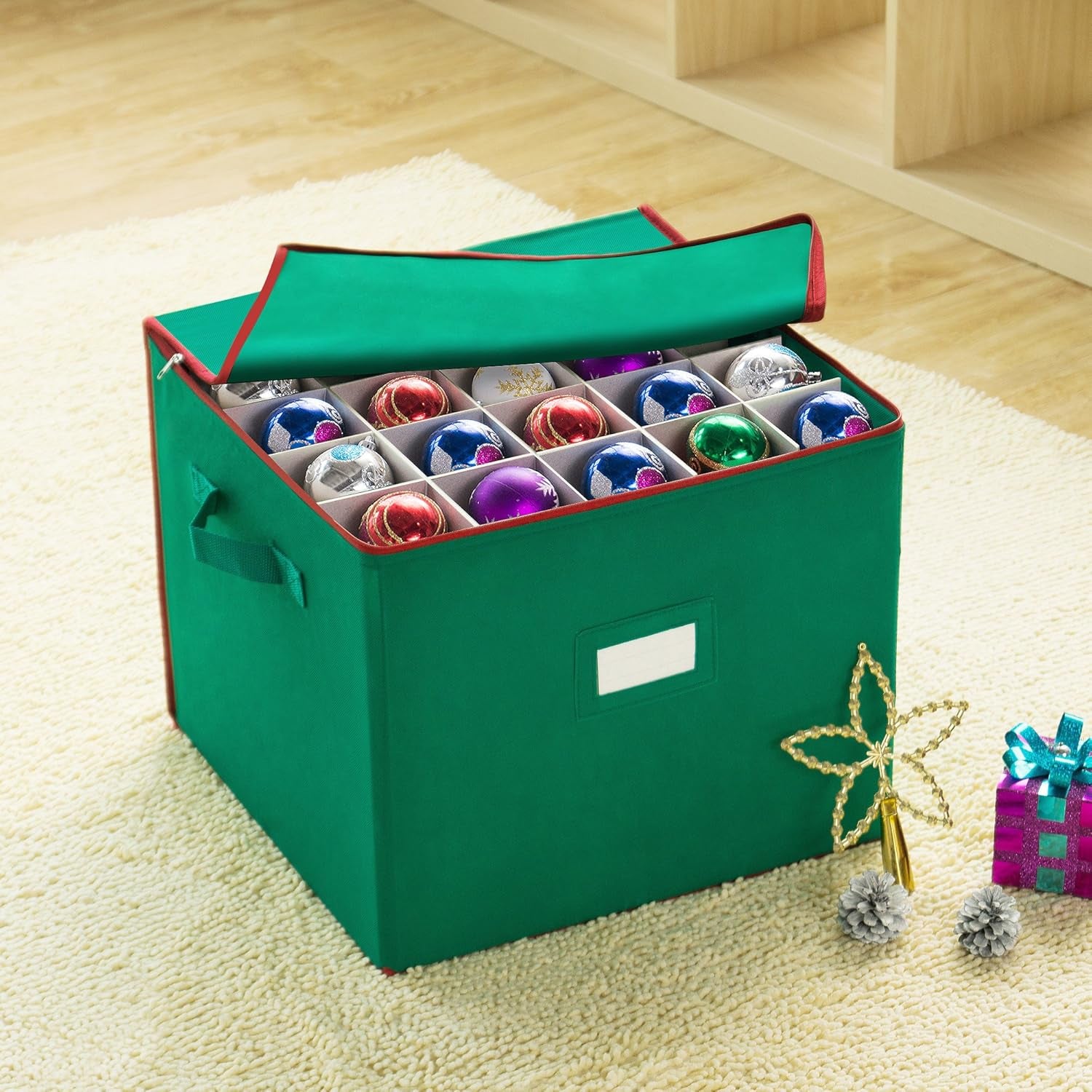 Christmas Storage Box with Zip Top - Large Capacity for Up to 75 Ornaments - Green