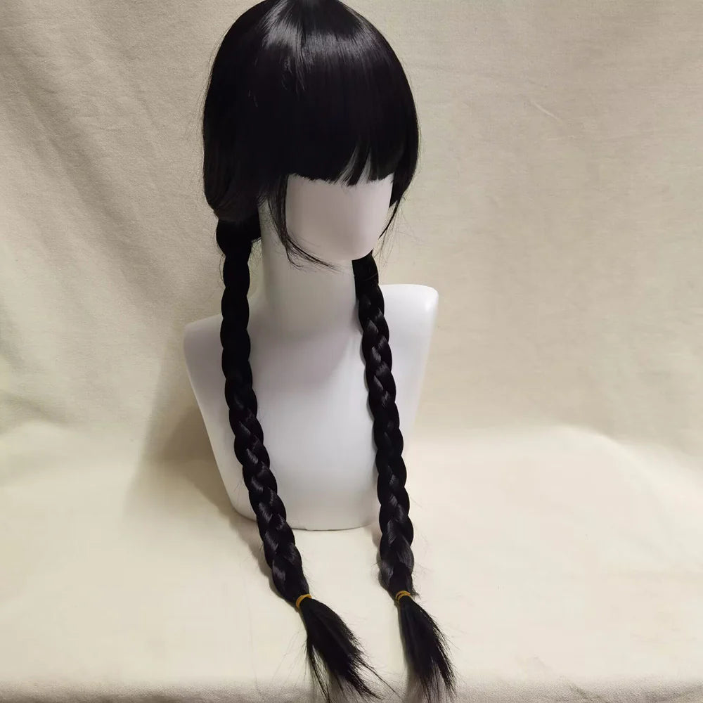 Wednesday Addams Long Black Braided Wig with Bangs - Heat Resistant Synthetic Hair for Halloween Cosplay