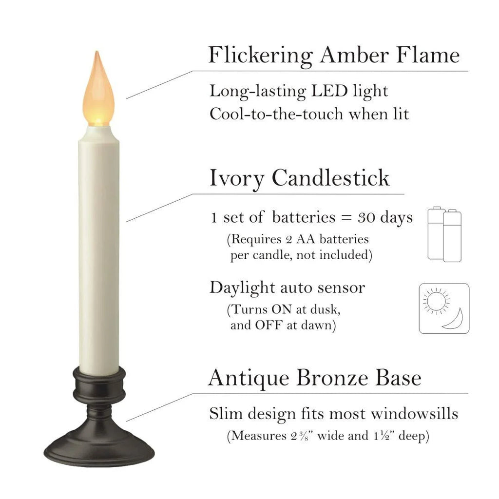 Battery-Operated LED Window Candles with Dusk to Dawn Sensor, Aged Bronze Base, Amber Flickering Flame - Set of 4