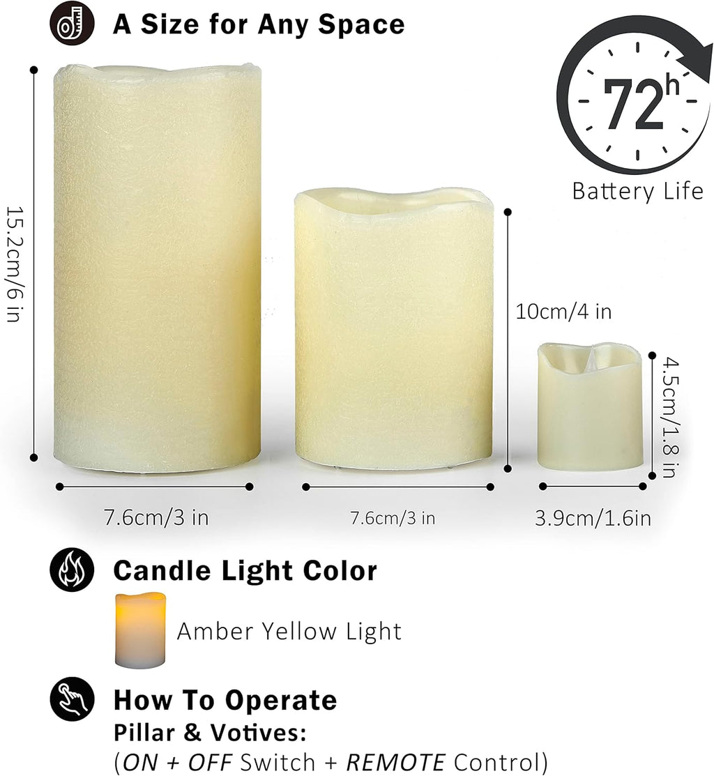 Ivory Real Wax Flameless Candle Set with Remote and Timer, Includes 4 Pillars and 4 Votives, Ideal for Home Décor, Batteries Included
