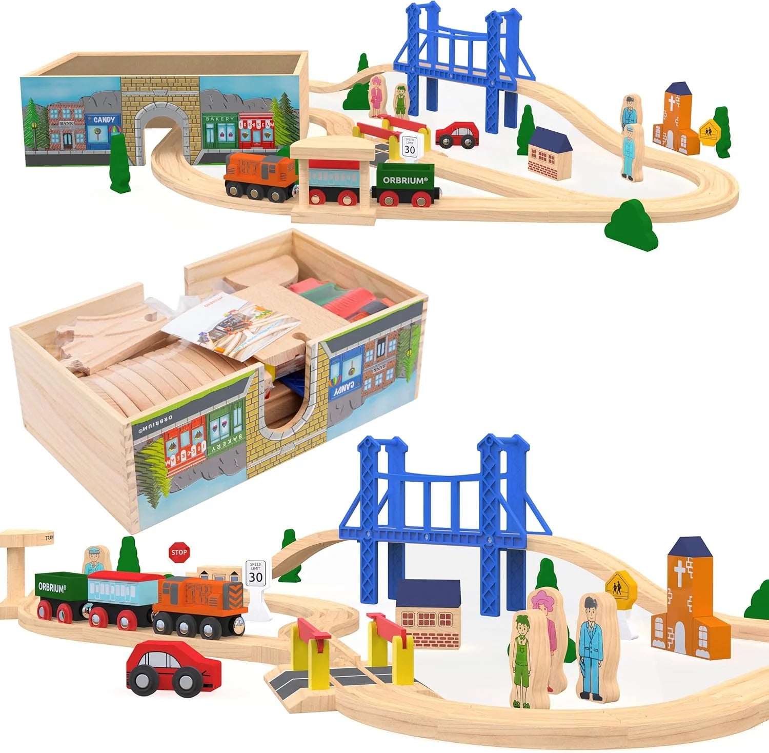 Deluxe 52-Piece Wooden Train Set with Storage Box and Tunnel, Compatible with Thomas, Brio, and Melissa & Doug